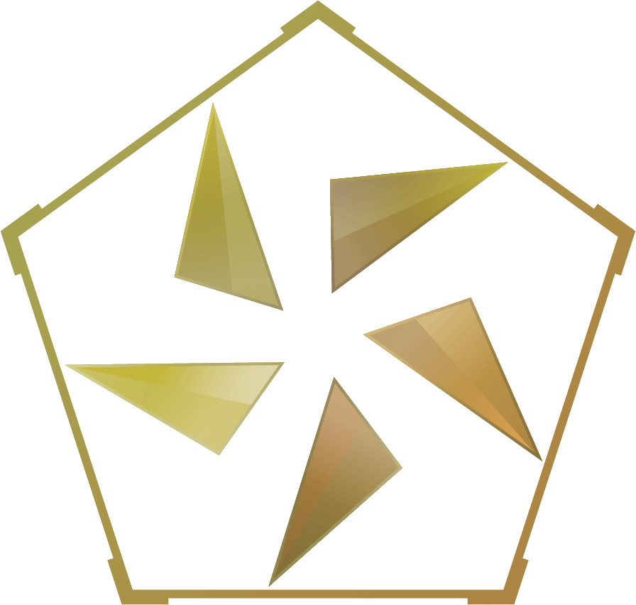 An abstract logo of a pentagon containing five symmetric triangles with a gold metallic finish