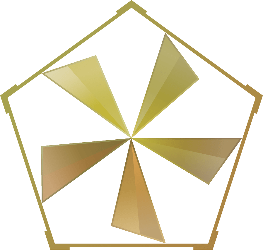 An abstract logo of a pentagon containing five symmetric triangles with a gold metallic finish
