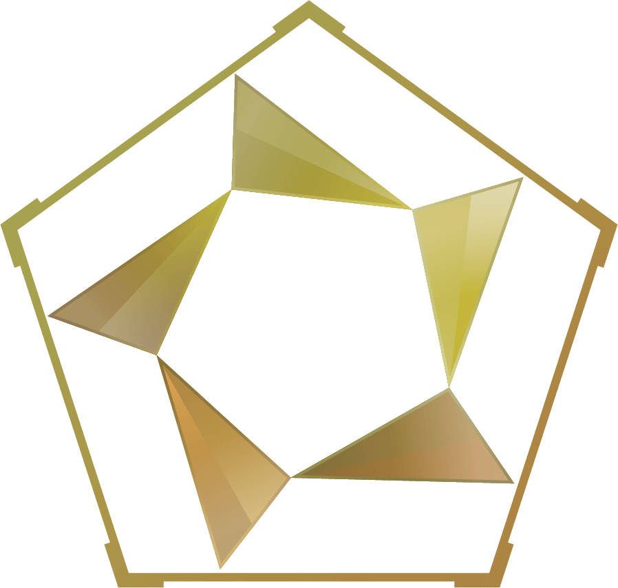 An abstract logo of a pentagon containing five symmetric triangles with a gold metallic finish