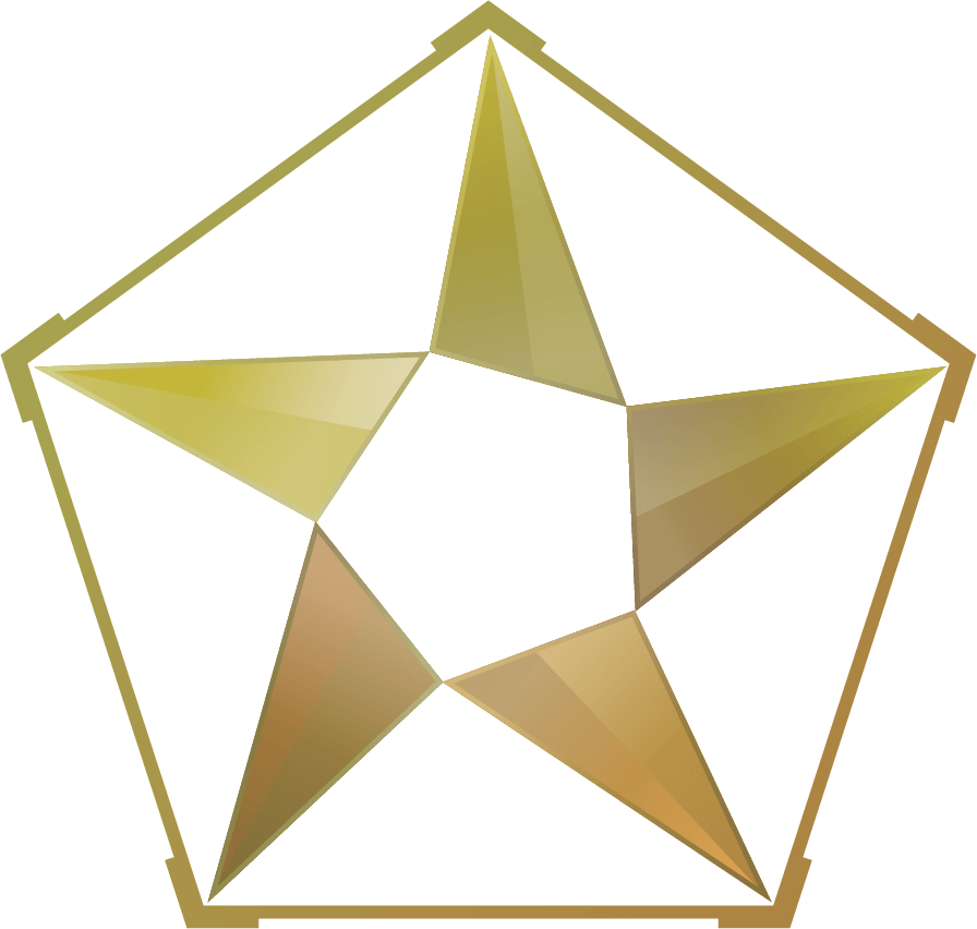 An abstract logo of a pentagon containing five symmetric triangles with a gold metallic finish