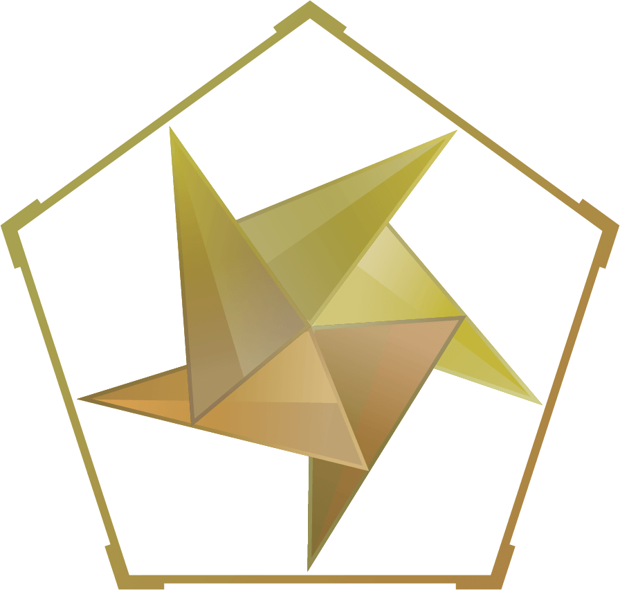 An abstract logo of a pentagon containing five symmetric triangles with a gold metallic finish